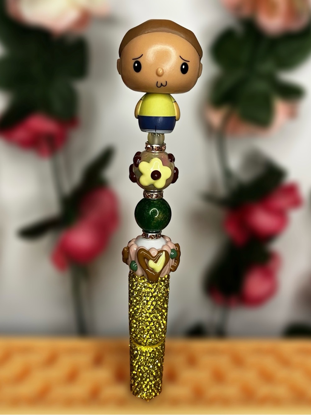 Rick & Morty- Morty Upcycled Figure Yellow Rhinestone Handmade Beaded Pen